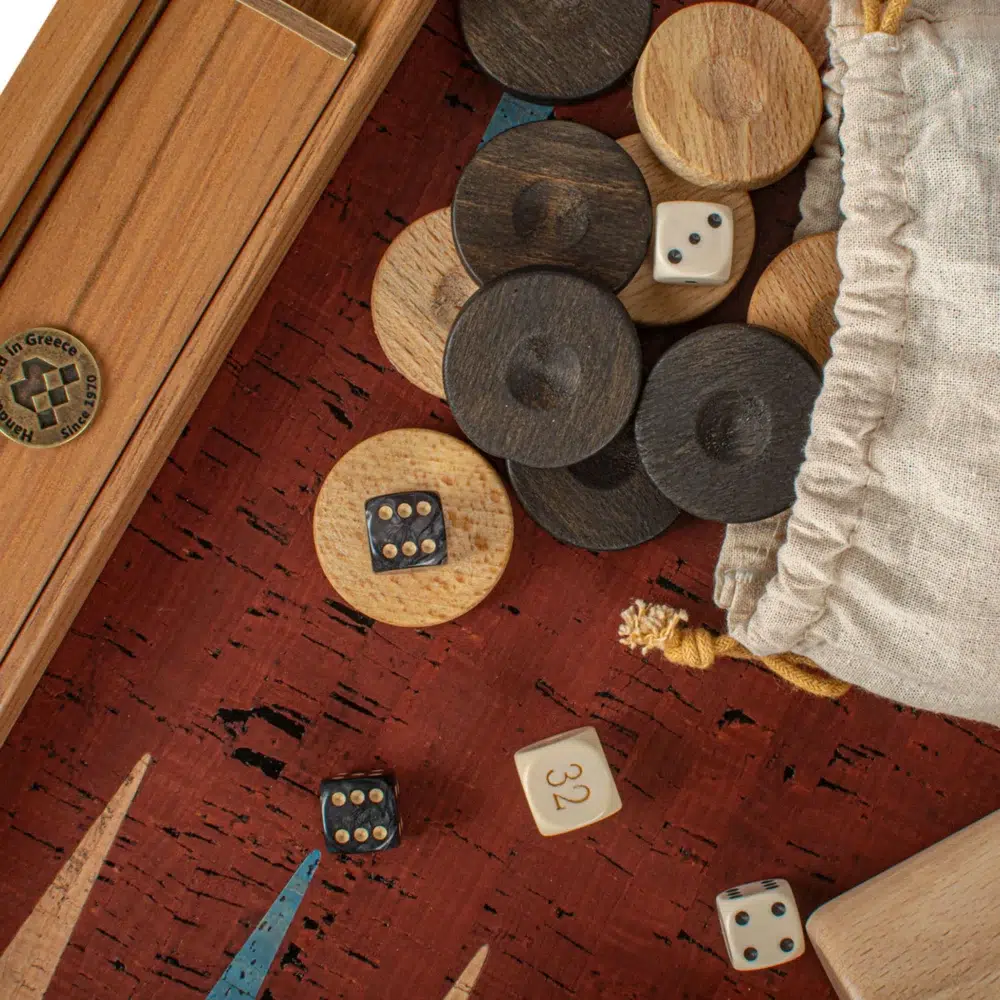 Backgammon en Liège Naturel Rouge avec Pions en Bois de Chêne