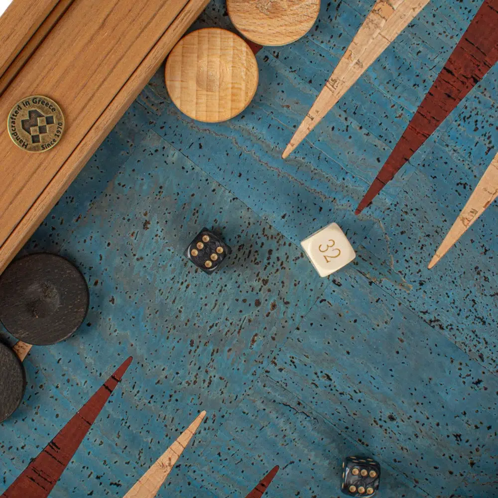 Backgammon en Liège Naturel Turquoise avec Pions en Bois de Chêne