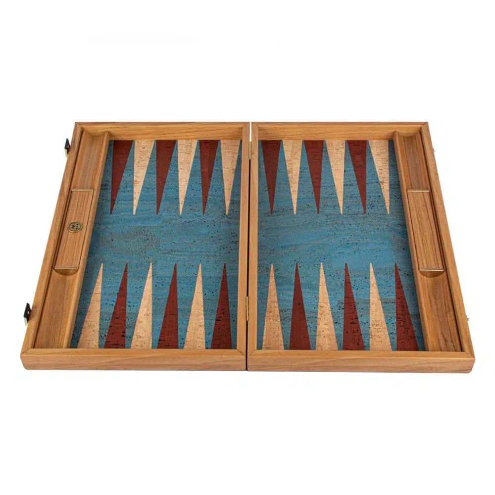 Backgammon en Liège Naturel Turquoise avec Pions en Bois de Chêne