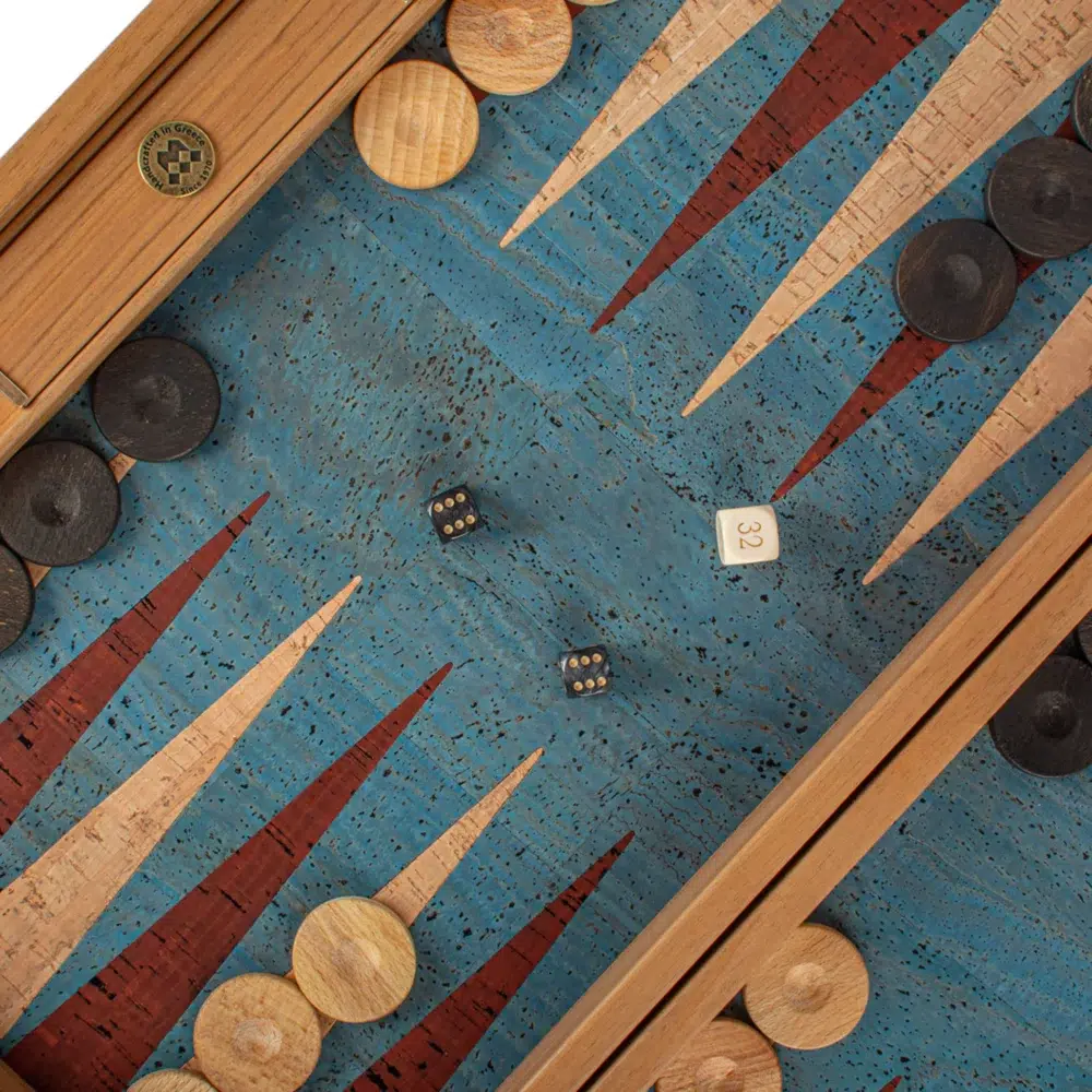 Backgammon en Liège Naturel Turquoise avec Pions en Bois de Chêne