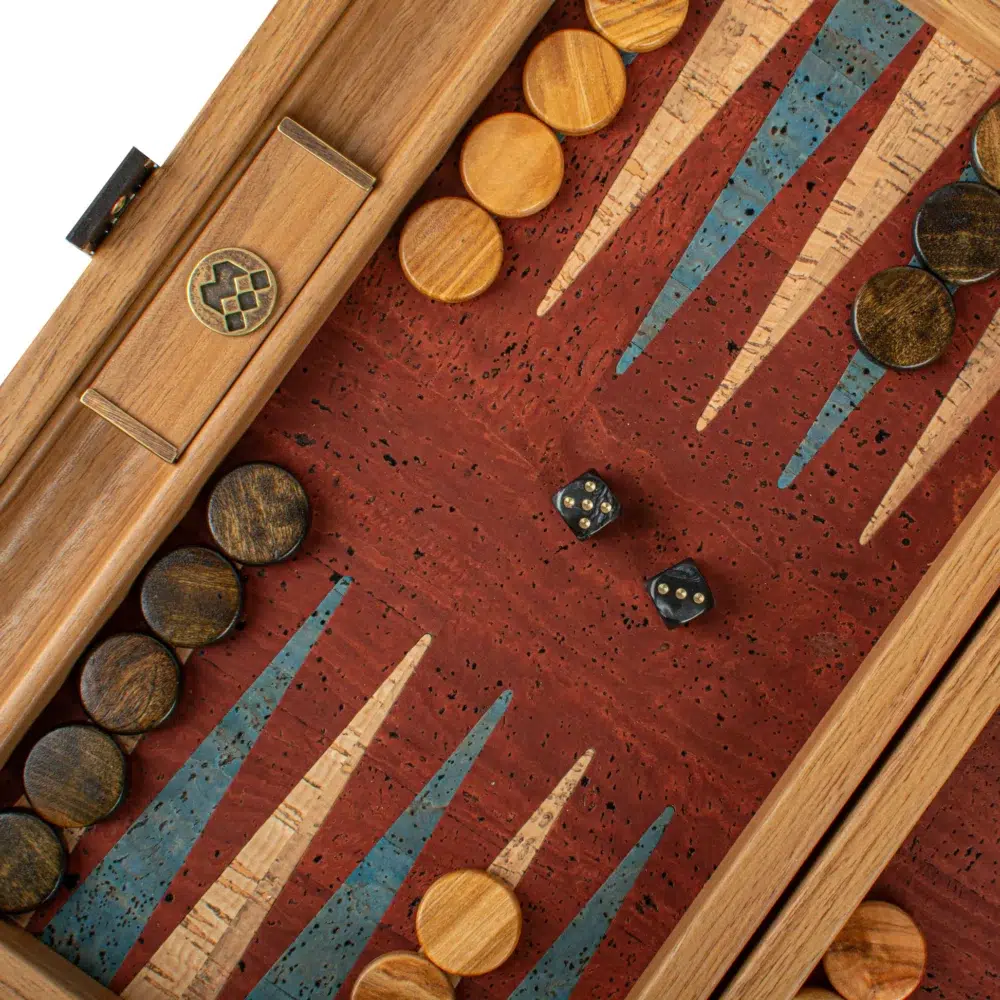 Backgammon en Liège Naturel Rouge avec Pions en Bois de Chêne