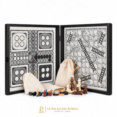 Coffret ouvert montrant échecs, backgammon, ludo et serpents avec pièces et pochons