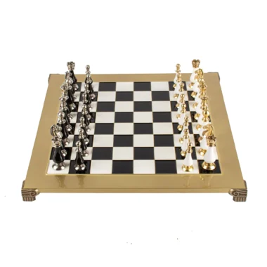 Ensemble d’Échecs en Métal Classique Staunton avec Éléments en Perles, Noir et Blanc - 44x44 cm