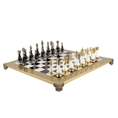 Ensemble d’Échecs en Métal Classique Staunton avec Éléments en Perles, Noir et Blanc - 44x44 cm