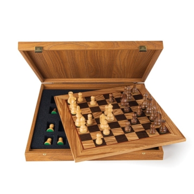 Ensemble de Jeu d'Echecs en Bois de Rose et Buis et Echiquier en Loupe d'Olivier et Chene avec Rangement – 50x50 cm