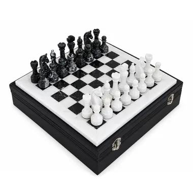 Petit Jeu d'Echecs en Marbre Blanc et Noir 30 x 30 cm