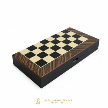 Coffret pliable en bois fermé, échiquier marqueterie vu de biais