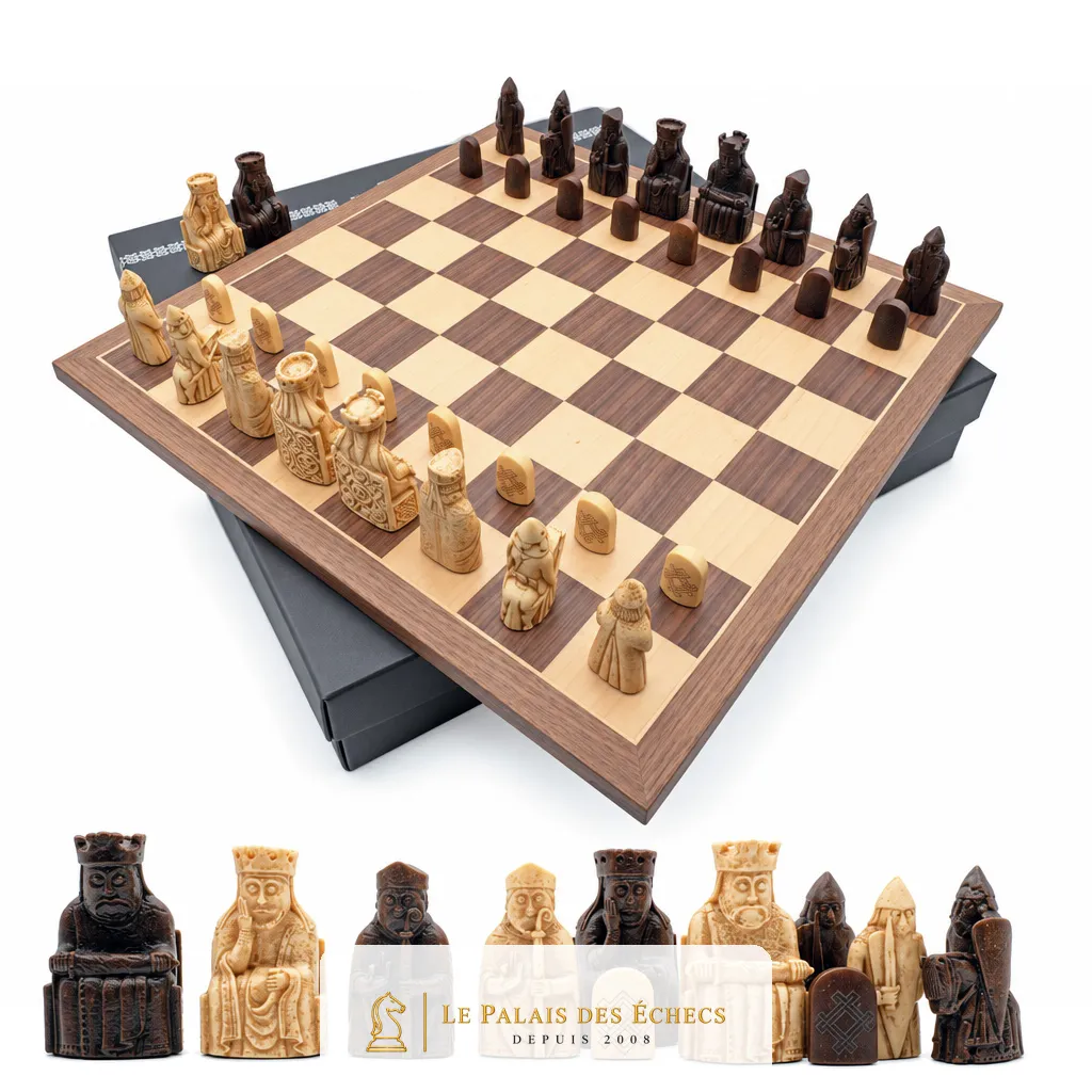 Ensemble Ile de Lewis complet avec échiquier, coffret et pièces détaillées