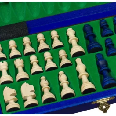 Jeu d’Échecs Magnétique en Bois Bleu et Ivoire – Échiquier Pliable 28 x 28 cm Parfait pour le Voyage