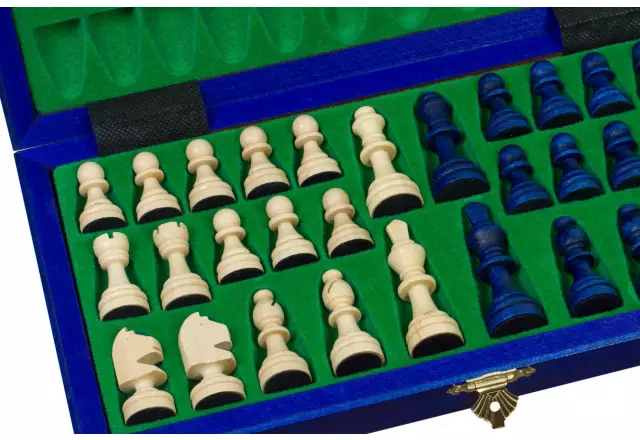 Jeu d’Échecs Magnétique en Bois Bleu et Ivoire – Échiquier Pliable 28 x 28 cm Parfait pour le Voyage