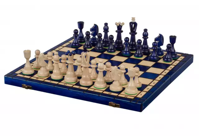 Jeu d’Echecs en Bois AS Bleu – Echiquier Traditionnel Polonais 40,5 x 41 cm avec Pièces Staunton