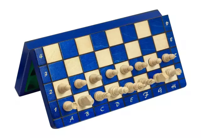 Jeu d’Échecs Magnétique en Bois Bleu et Ivoire – Échiquier Pliable 28 x 28 cm Parfait pour le Voyage