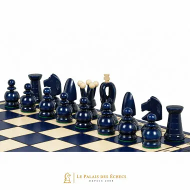 Détail des pièces bleues du jeu d'échecs alignées sur l'échiquier