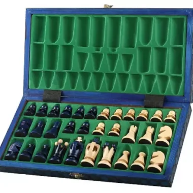 Jeu d'Echecs Pliable en Bois Bleu et Ivoire avec Rangement 34 x 34 cm