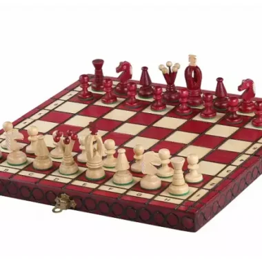Échiquier Pliable en Bois Rouge et Ivoire avec Rangement - 35 x 35 cm
