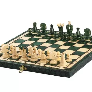 Jeu d’Echecs en Bois Vert et Ivoire Pliant et avec Rangement
