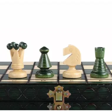 Jeu d’Echecs en Bois Vert et Ivoire Pliant et avec Rangement