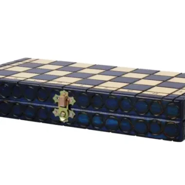 Petit Jeu d’Echecs en Bois Royal Bleu et Ivoire Pliant 30 x 30 cm