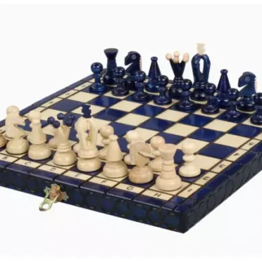 Petit Jeu d’Echecs en Bois Royal Bleu et Ivoire Pliant 30 x 30 cm