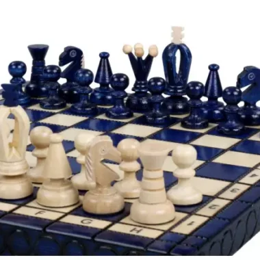 Petit Jeu d’Echecs en Bois Royal Bleu et Ivoire Pliant 30 x 30 cm
