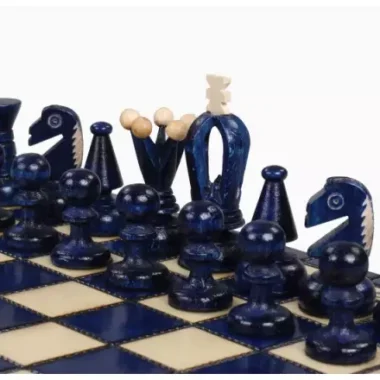 Petit Jeu d’Echecs en Bois Royal Bleu et Ivoire Pliant 30 x 30 cm