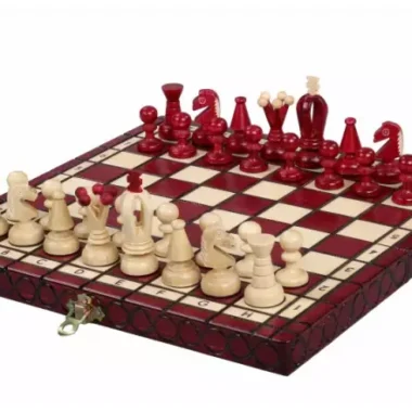 Petit Ensemble de Jeu d’Echecs Rouge et Ivoire Pliable en Bois