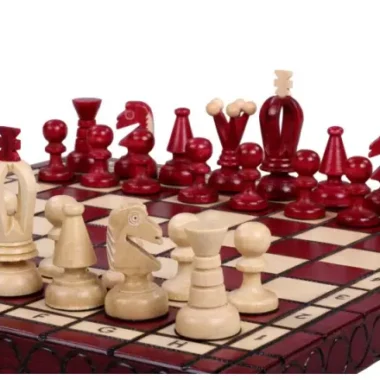 Petit Ensemble de Jeu d’Echecs Rouge et Ivoire Pliable en Bois
