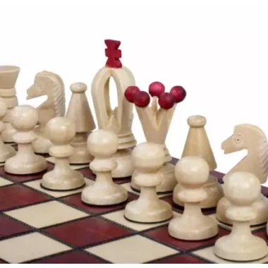 Petit Ensemble de Jeu d’Echecs Rouge et Ivoire Pliable en Bois