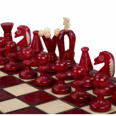Petit Ensemble de Jeu d’Echecs Rouge et Ivoire Pliable en Bois