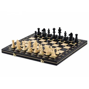 Jeu d'échecs en bois noir avec échiquier plié ouvert et pièces Staunton