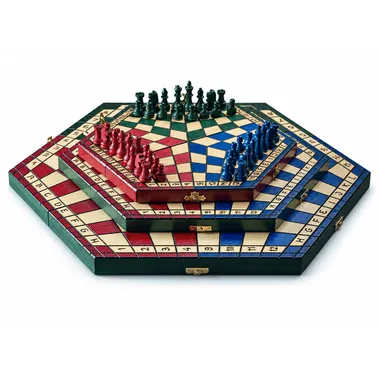 Jeu d'échecs à 3 joueurs en bois, échiquier hexagonal tricolore plié
