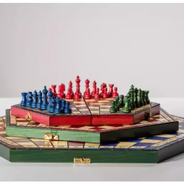 Jeu d'Échecs à 3 Joueurs en Bois – Coffret Tricolore Taille Moyenne avec Pièces Staunton
