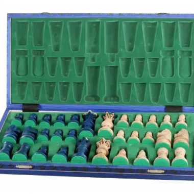 Grand Jeu d’Echecs en Bois Bleu et Ivoire – Grand Echiquier Pliant 55 x 55 cm