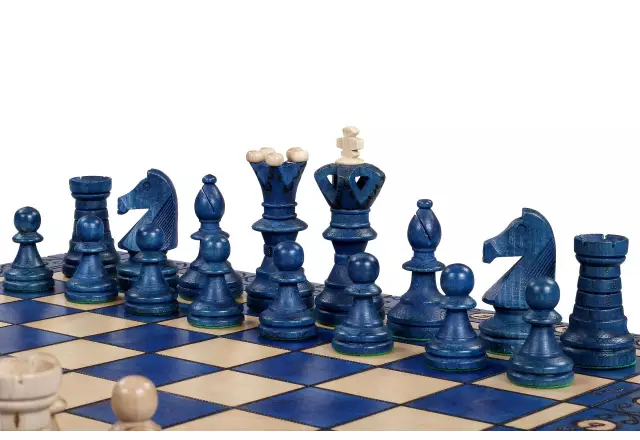 Grand Jeu d’Echecs en Bois Bleu et Ivoire – Grand Echiquier Pliant 55 x 55 cm