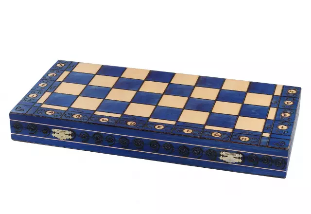 Grand Jeu d’Echecs en Bois Bleu et Ivoire – Grand Echiquier Pliant 55 x 55 cm
