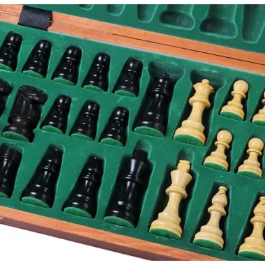 Jeu d’Echecs French Staunton Gold n°5 – Pièces en Bois et Echiquier Pliant Marqueté