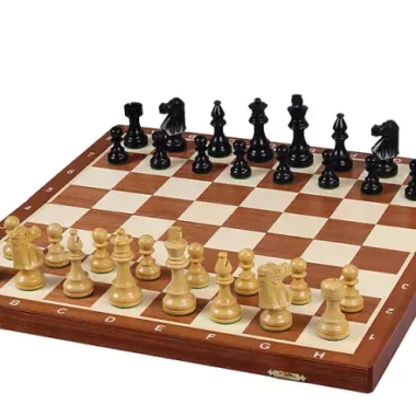Jeu d’Echecs French Staunton Gold n°5 – Pièces en Bois et Echiquier Pliant Marqueté