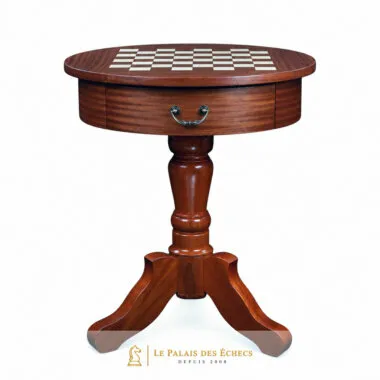 Table d'échecs ronde en acajou avec pied central sculpté et tiroir