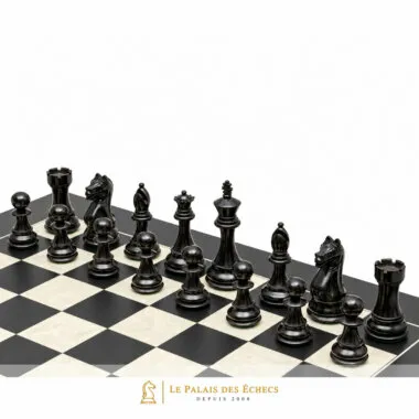 Pièces d'échecs noires ébonisées alignées sur l'échiquier en bois d'érable