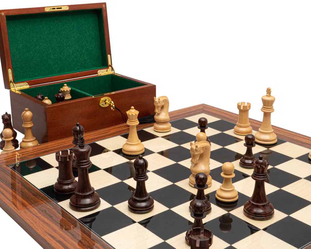 Ensemble d’Échecs de Luxe en Bois d’Anjan avec Échiquier en Palissandre – Roi 10,2 cm