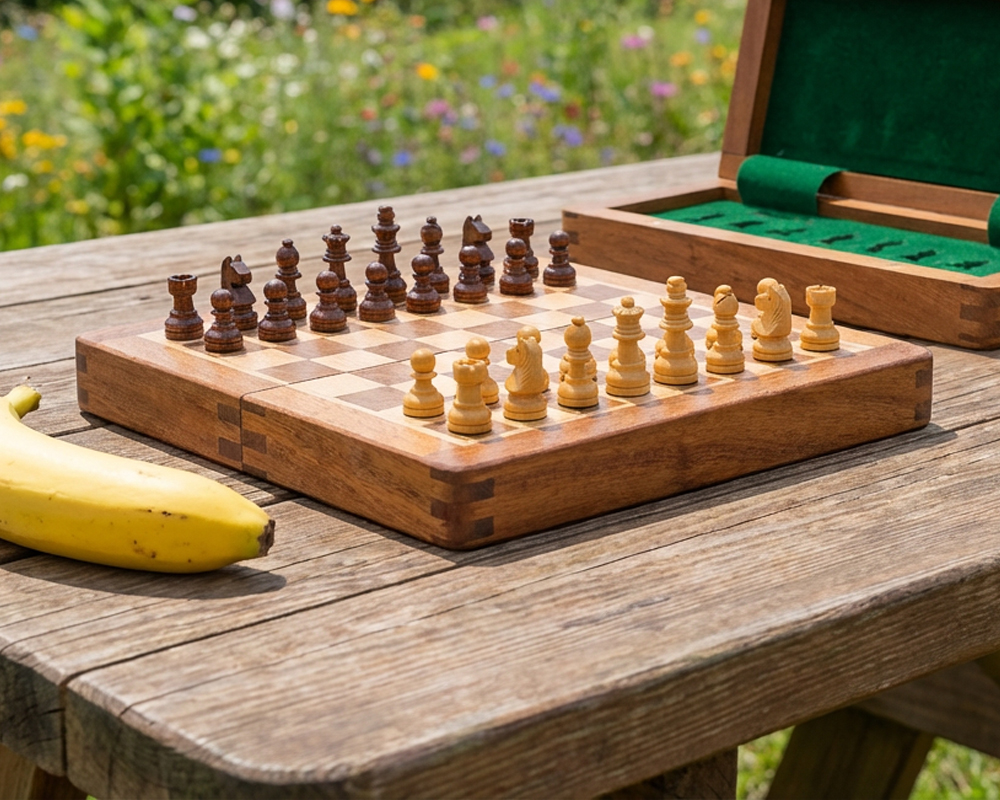 Jeu d'échecs posé sur une table en bois, pièces magnifiquement sculptées et prêtes à jouer - Le Palais Des Echecs