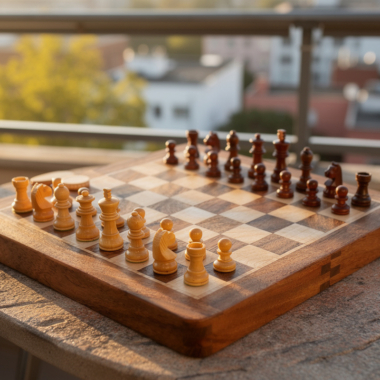 Plateau de jeu d'échecs avec pièces en bois magnétique prêts à jouer dans un paysage relaxant
