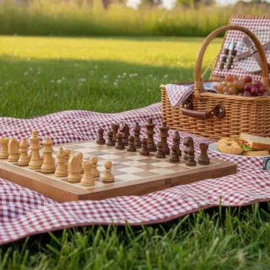 Partie d'échecs en plein air avec pique-nique sur une couverture - Le Palais Des Echecs