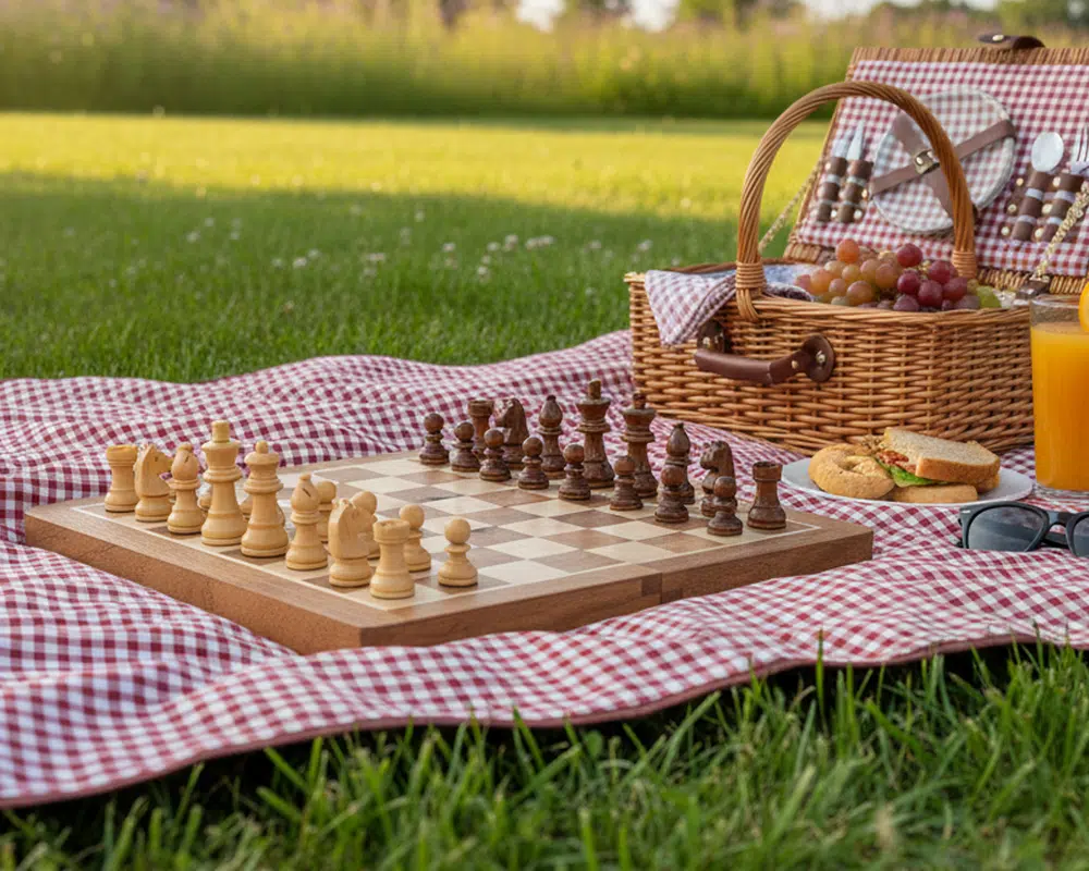 Partie d'échecs en plein air avec pique-nique sur une couverture - Le Palais Des Echecs