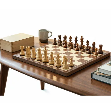 Jeu d'échecs Fierce Knight installé sur une table avec une ambiance cosy - Le Palais Des Echecs