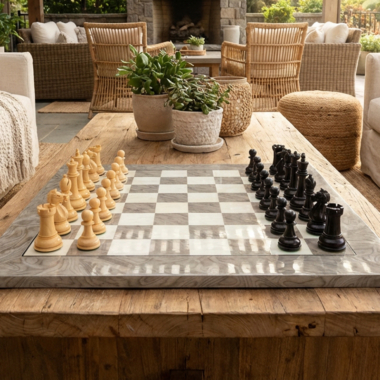 Jeu d'échecs Oxford Ash Burl sur une table en bois, créant une ambiance conviviale pour jouer entre amis