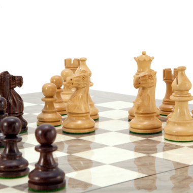 Gros plan sur les pièces en bois du jeu d'échecs avec un cheval distinctif - Le Palais Des Echecs