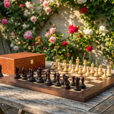 Détail des pièces noires du jeu d'échecs Windsor en bois - Le Palais Des Echecs