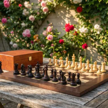 Détail des pièces noires du jeu d'échecs Windsor en bois - Le Palais Des Echecs