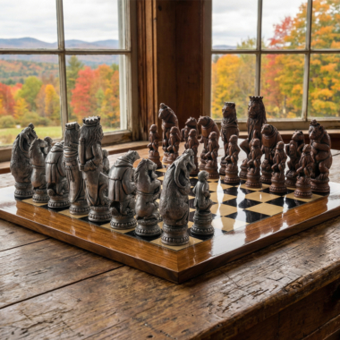 Détail du côté noir du Jeu d'Échecs Reynard le Renard Grand Luxe avec des pièces raffinées